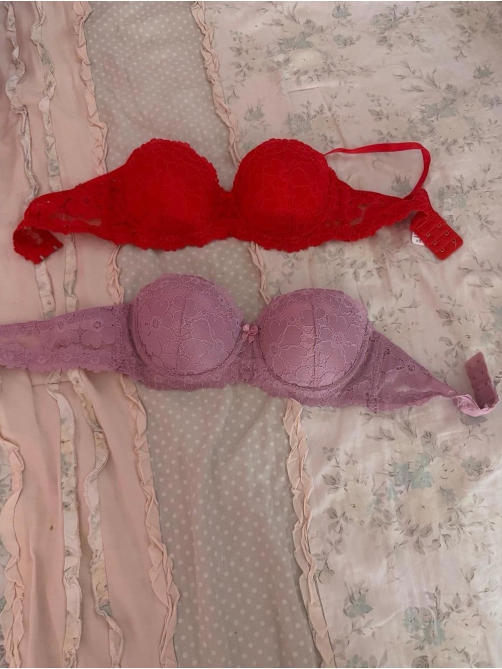 Red and Lavender lace strapless bra